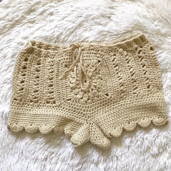 Beige Medium Crochet Knit Boho Drawstring Shorts - Picture 2 of 5